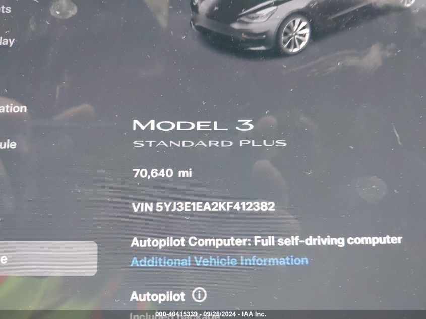 2019 Tesla Model 3 Long Range/Mid Range/Standard Range/Standard Range Plus VIN: 5YJ3E1EA2KF412382 Lot: 40415339