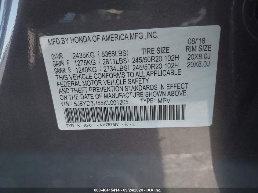 5J8YD3H55KL001205 2019 Acura Mdx Tech Pkg