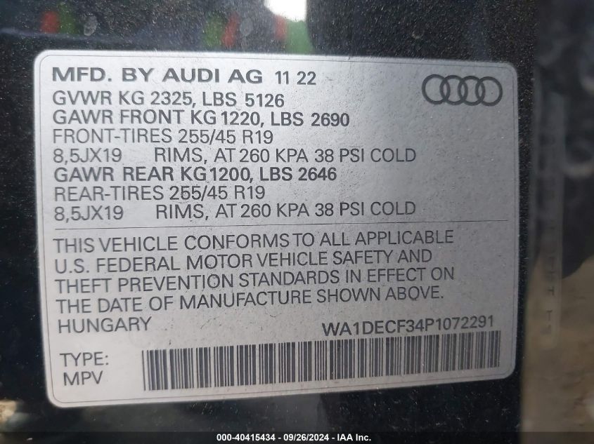 2023 Audi Q3 Premium 45 Tfsi S Line Quattro Tiptronic VIN: WA1DECF34P1072291 Lot: 40415434