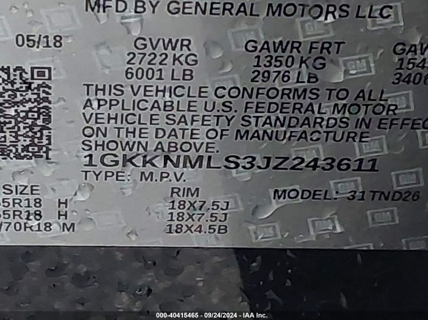 1GKKNMLS3JZ243611 2018 GMC Acadia Slt-1