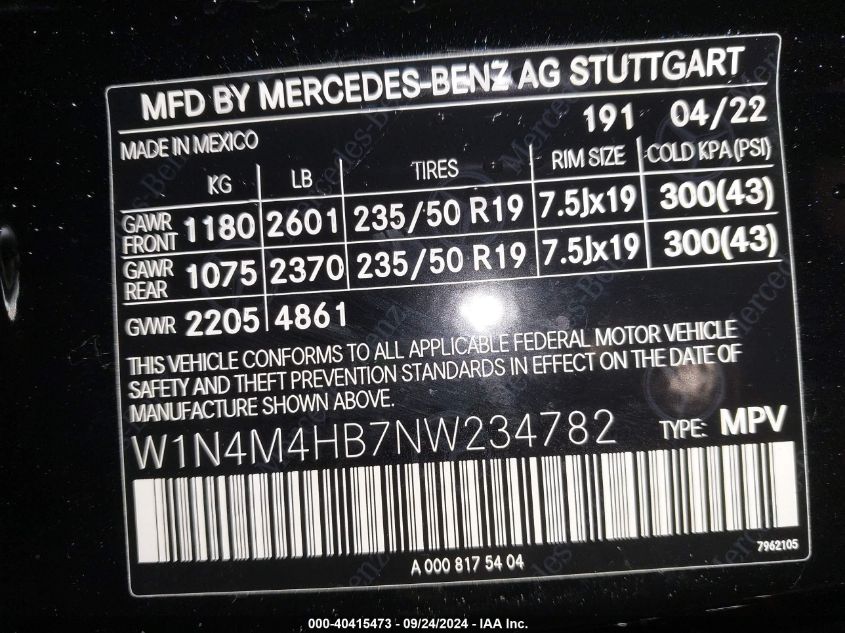 W1N4M4HB7NW234782 2022 Mercedes-Benz Glb 250 250 4Matic