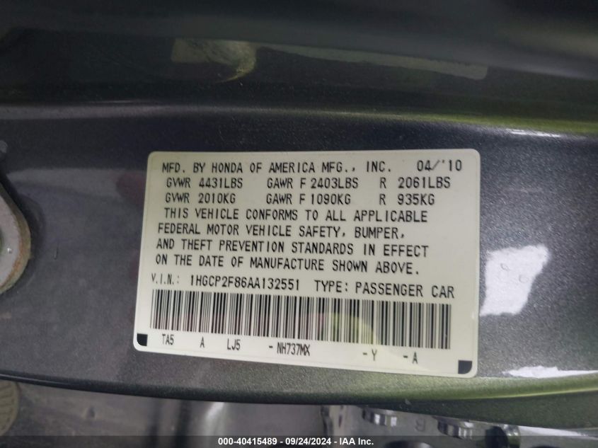 1HGCP2F86AA132551 2010 Honda Accord Exl