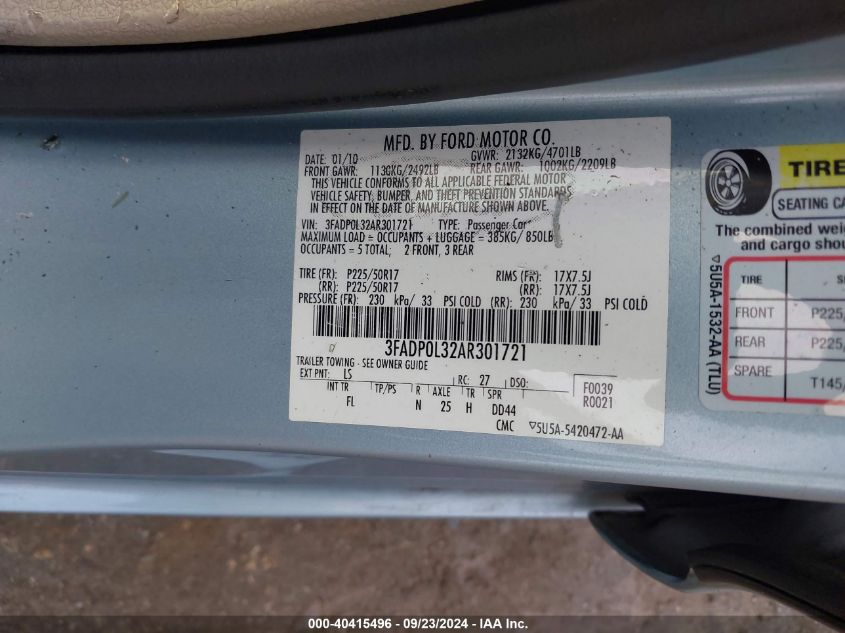 2010 Ford Fusion Hybrid VIN: 3FADP0L32AR301721 Lot: 40415496