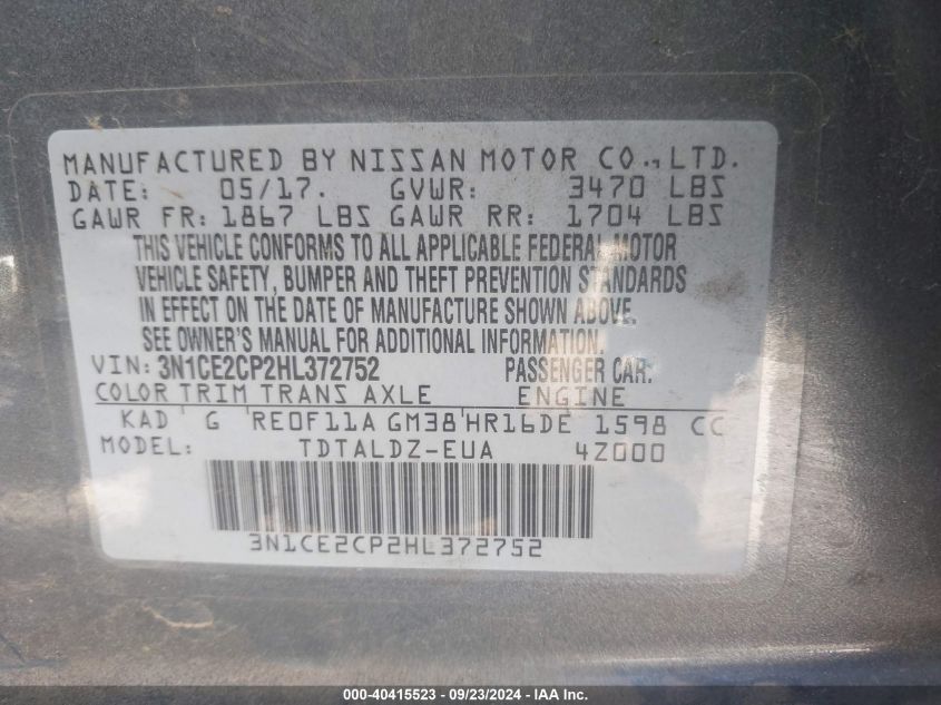 3N1CE2CP2HL372752 2017 Nissan Versa Note Sv