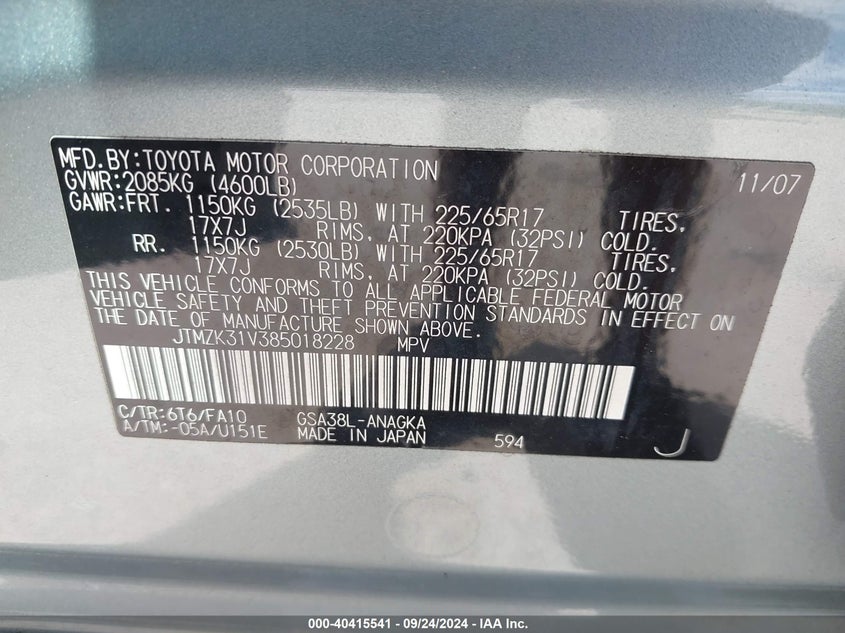 JTMZK31V385018228 2008 Toyota Rav4 Limited V6