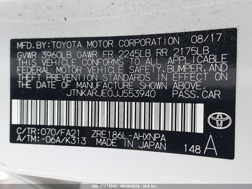 2018 Toyota Corolla Im VIN: JTNKARJE0JJ553940 Lot: 40415543