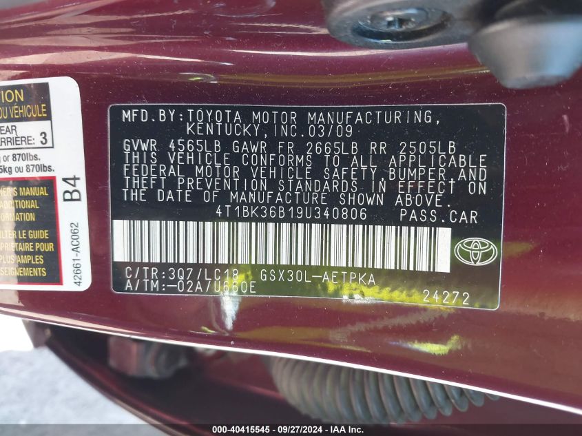 4T1BK36B19U340806 2009 Toyota Avalon Limited