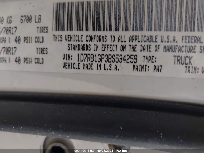 2011 Ram Ram 1500 Slt VIN: 1D7RB1GP3BS534259 Lot: 40415553