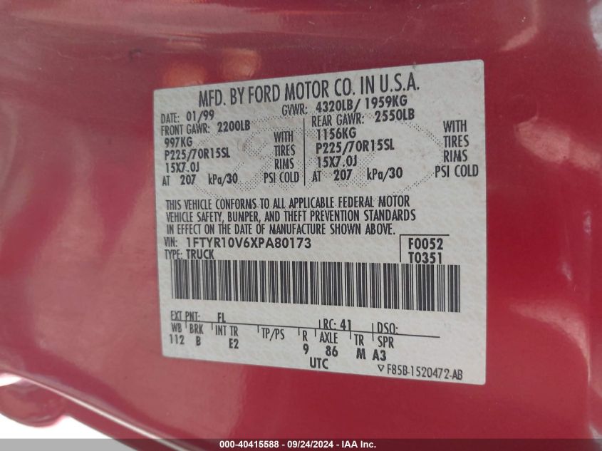 1FTYR10V6XPA80173 1999 Ford Ranger Xl/Xlt