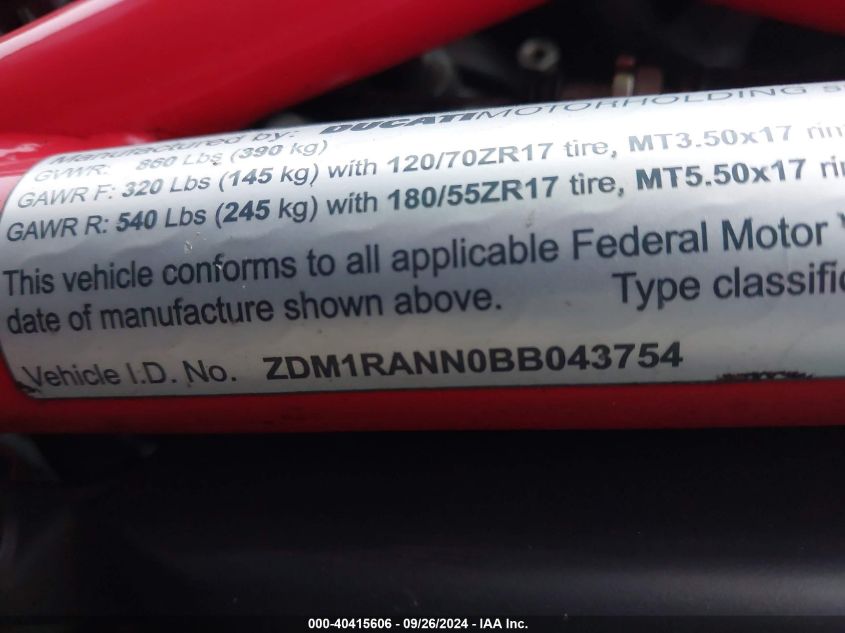 ZDM1RANN0BB043754 2011 Ducati Monster 796