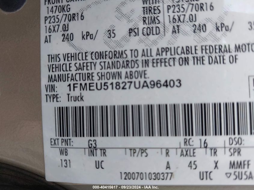 2007 Ford Explorer Sport Trac Xlt VIN: 1FMEU51827UA96403 Lot: 40415617