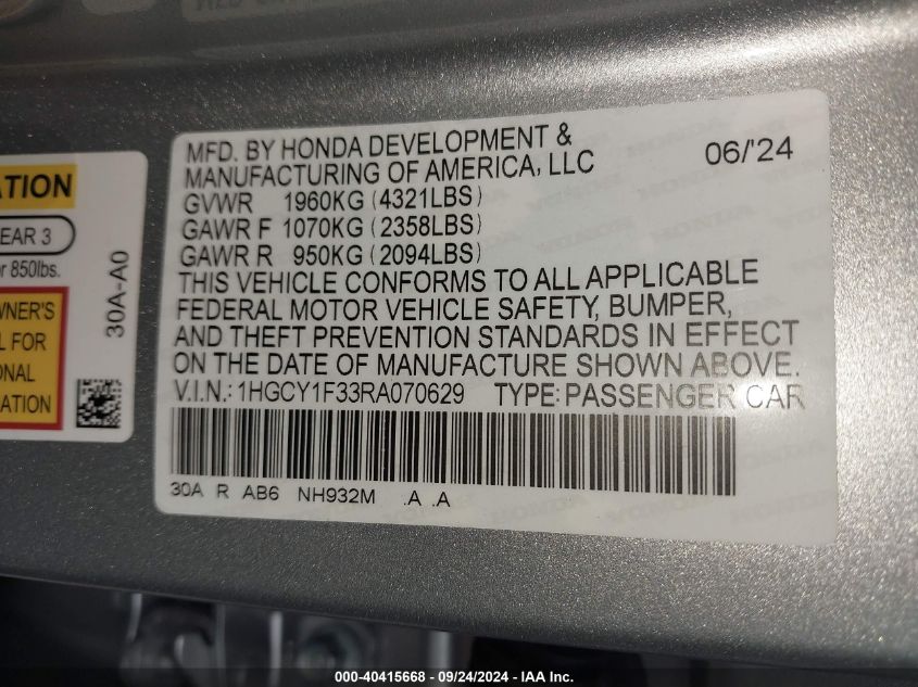 2024 Honda Accord Ex VIN: 1HGCY1F33RA070629 Lot: 40415668