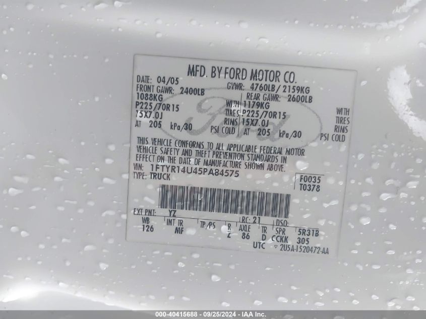 1FTYR14U45PA84575 2005 Ford Ranger Edge/Stx/Xl/Xlt