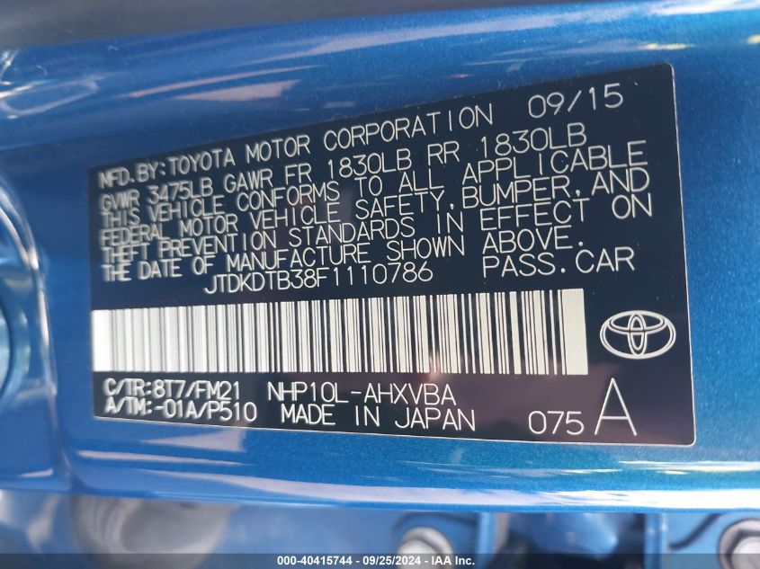 2015 Toyota Prius C Two VIN: JTDKDTB38F1110786 Lot: 40415744