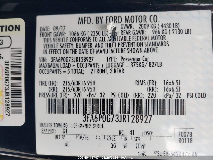 2018 Ford Fushion S VIN: 3FA6P0G73JR128927 Lot: 40415747