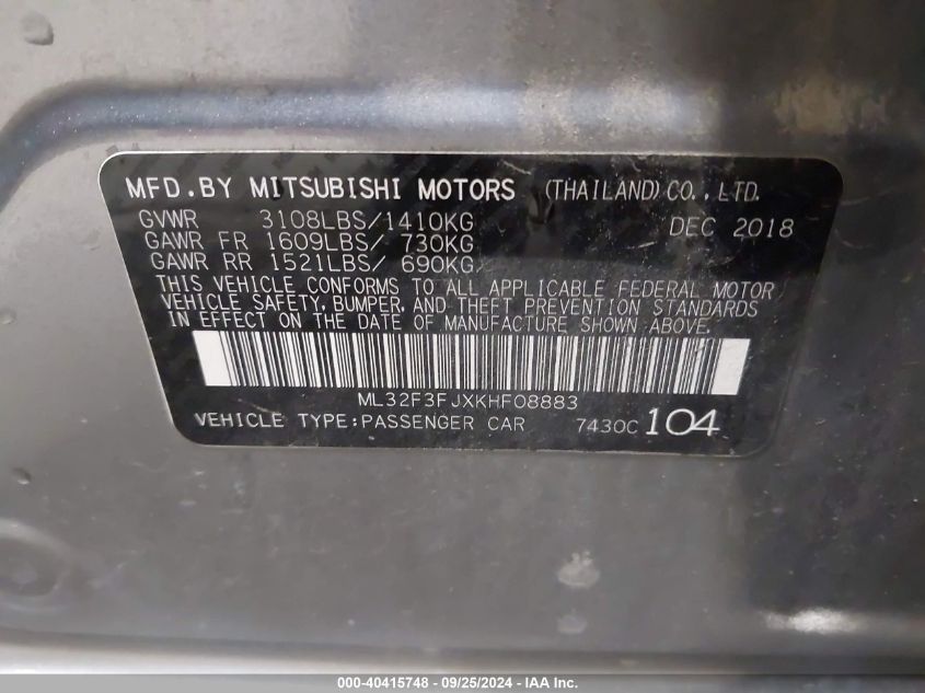 ML32F3FJXKHF08883 2019 Mitsubishi Mirage G4 Es