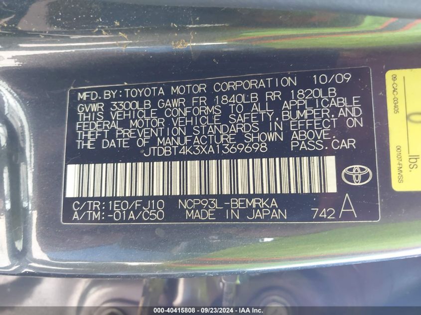 2010 TOYOTA YARIS VIN: JTDBT4K3XA1369698
