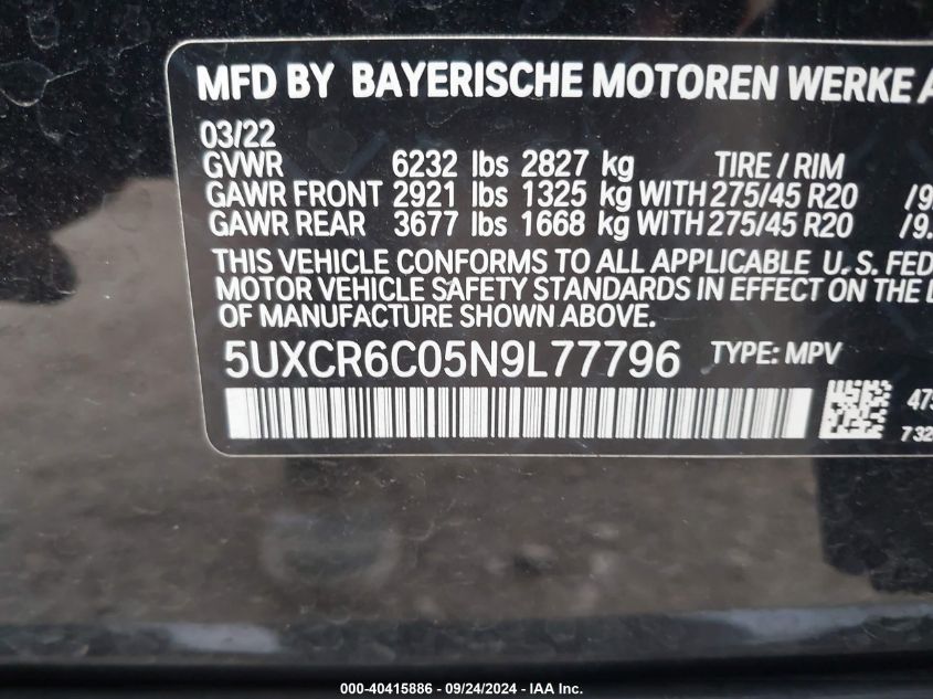 2022 BMW X5 xDrive40I VIN: 5UXCR6C05N9L77796 Lot: 40415886