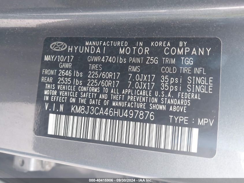 KM8J3CA46HU497876 2017 Hyundai Tucson Se