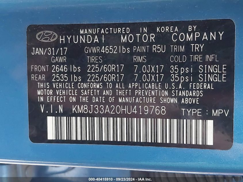 KM8J33A20HU419768 2017 Hyundai Tucson Eco