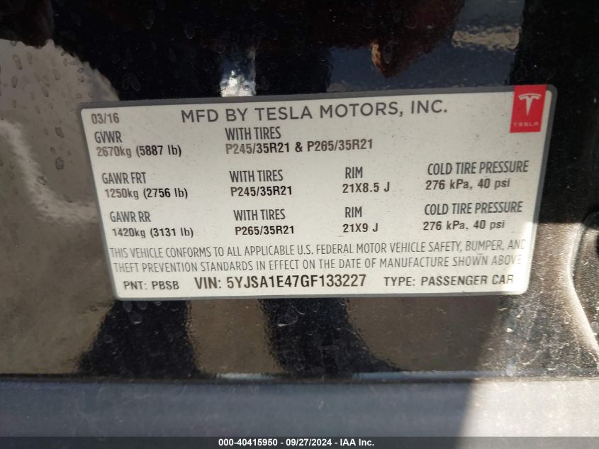 5YJSA1E47GF133227 2016 Tesla Model S 90D/P100D/P85D/P90D