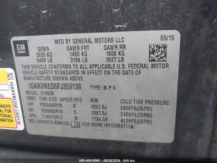 1GKKVNED6FJ359136 2015 GMC Acadia Sle-1