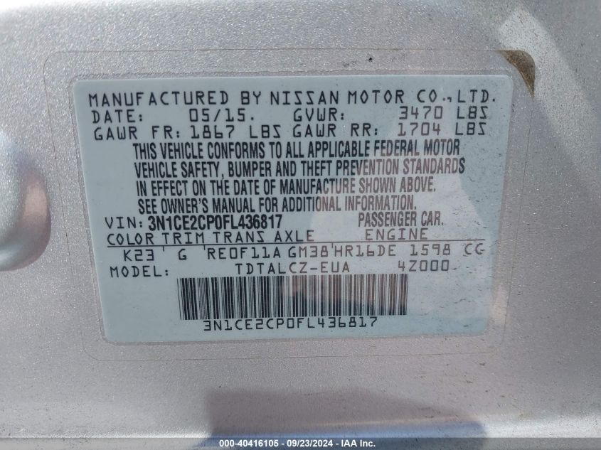 2015 Nissan Versa Note S Plus VIN: 3N1CE2CP0FL436817 Lot: 40416105