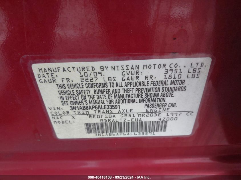 3N1AB6AP6AL633591 2010 Nissan Sentra 2.0S