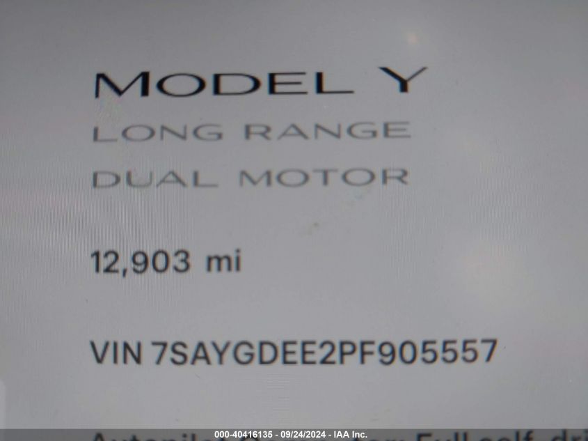 2023 Tesla Model Y Awd/Long Range Dual Motor All-Wheel Drive VIN: 7SAYGDEE2PF905557 Lot: 40416135