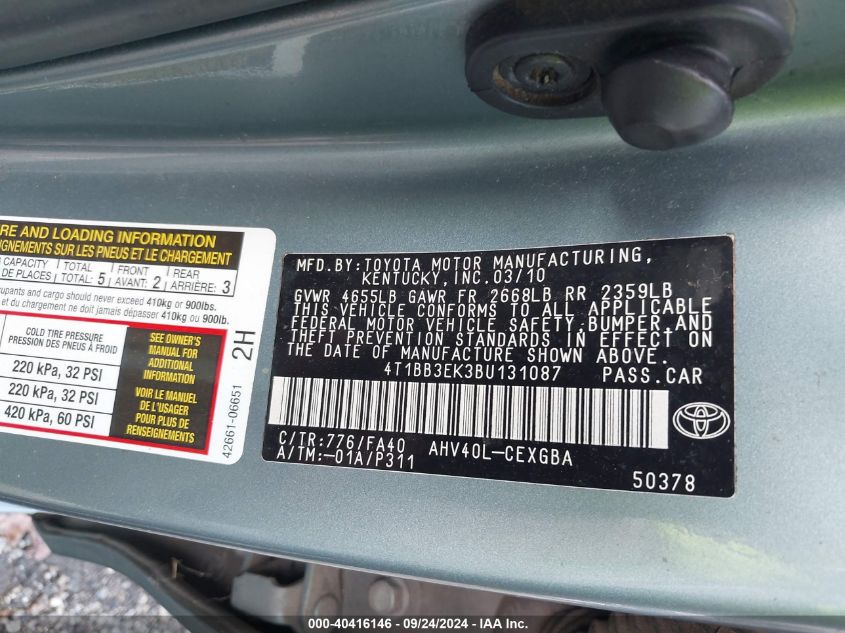 2011 TOYOTA CAMRY HYBRID VIN: 4T1BB3EK3BU131087