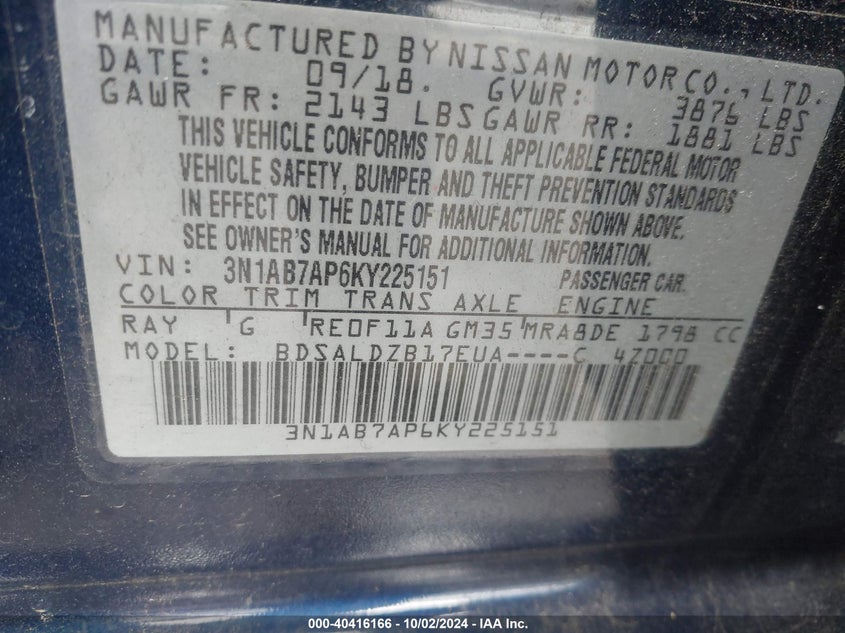 3N1AB7AP6KY225151 2019 Nissan Sentra Sv