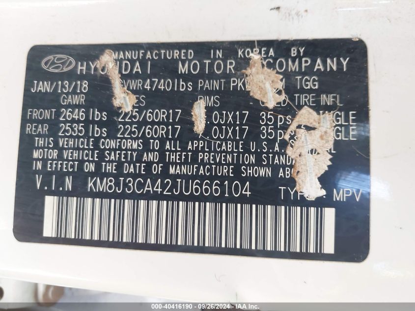 KM8J3CA42JU666104 2018 Hyundai Tucson Sel