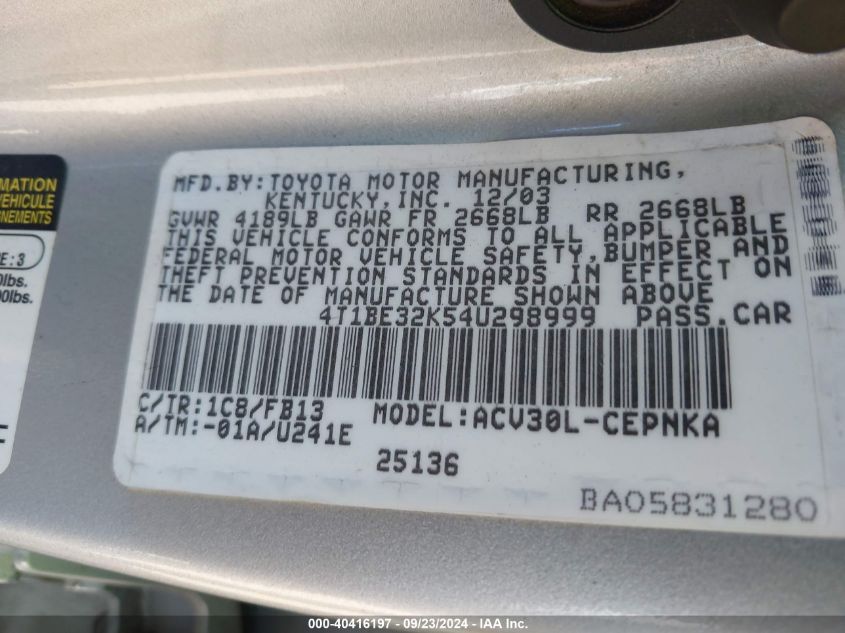 4T1BE32K54U298999 2004 Toyota Camry Le