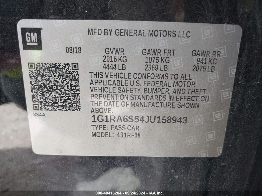 1G1RA6S54JU158943 2018 Chevrolet Volt Lt