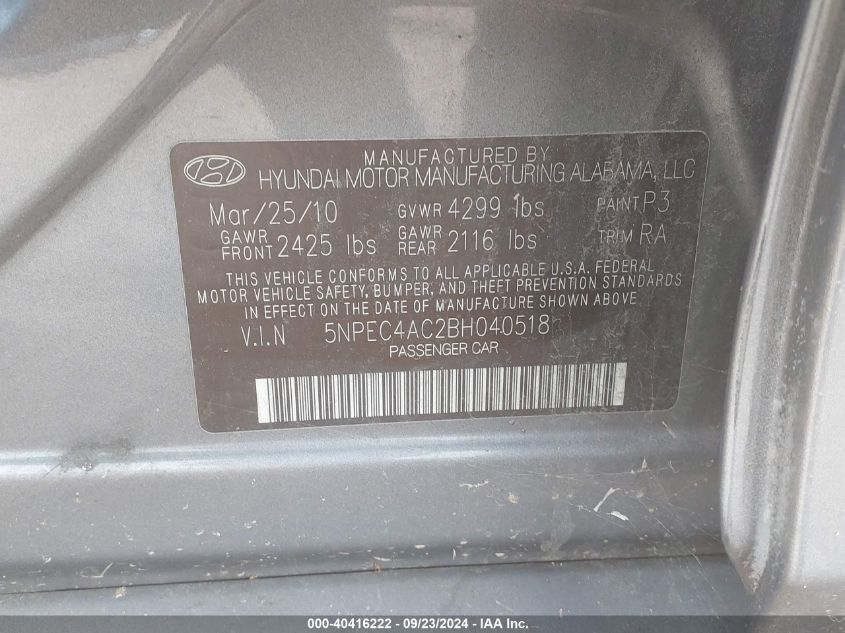 5NPEC4AC2BH040518 2011 Hyundai Sonata Se