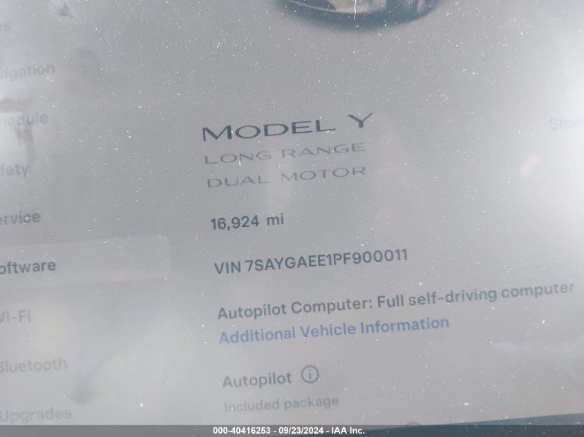 2023 Tesla Model Y Awd/Long Range Dual Motor All-Wheel Drive VIN: 7SAYGAEE1PF900011 Lot: 40416253