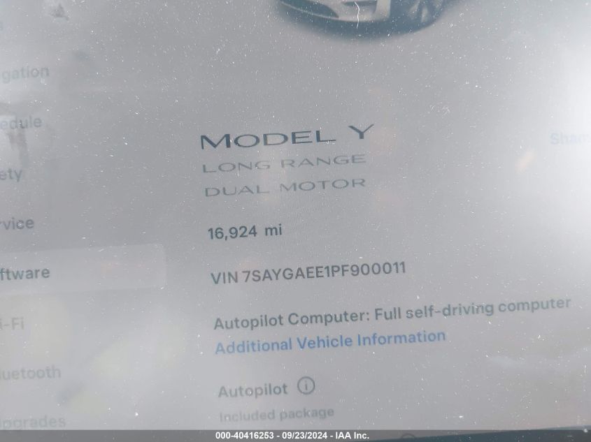 2023 Tesla Model Y Awd/Long Range Dual Motor All-Wheel Drive VIN: 7SAYGAEE1PF900011 Lot: 40416253