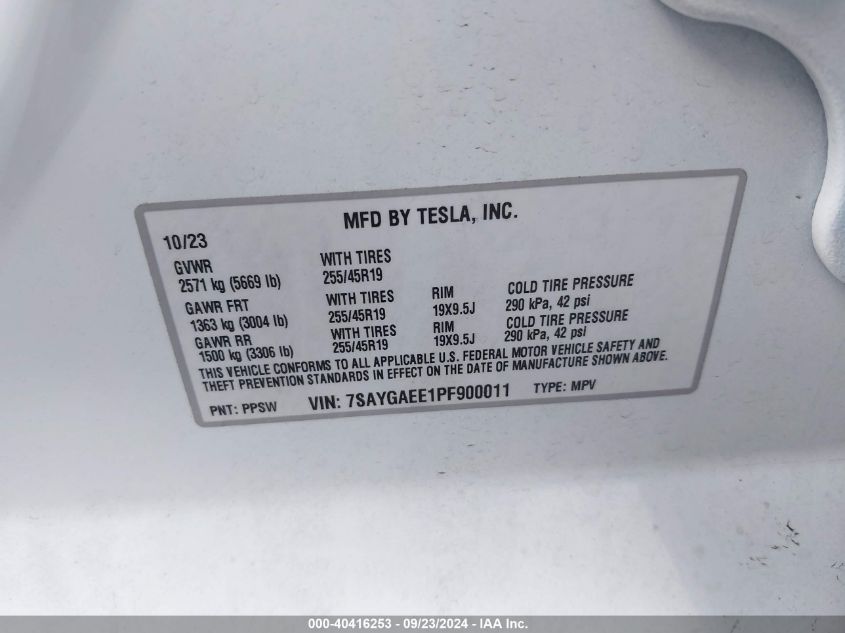 2023 Tesla Model Y Awd/Long Range Dual Motor All-Wheel Drive VIN: 7SAYGAEE1PF900011 Lot: 40416253