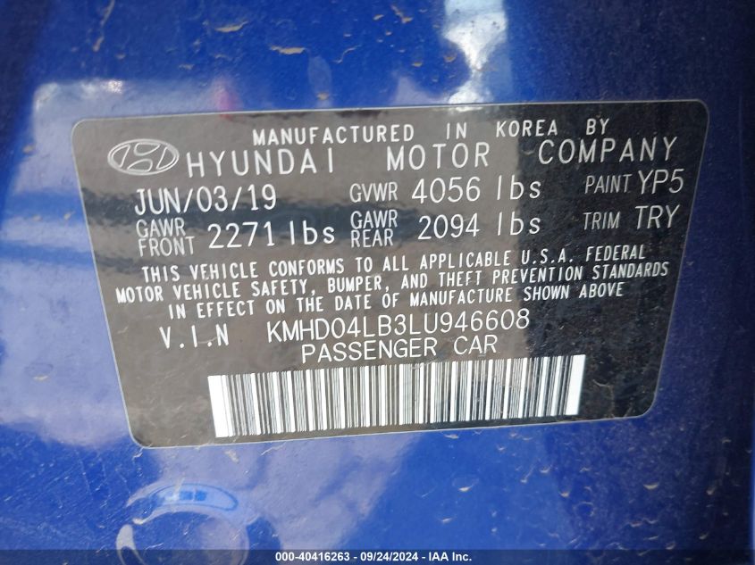 2020 Hyundai Elantra Sport VIN: KMHD04LB3LU946608 Lot: 40416263