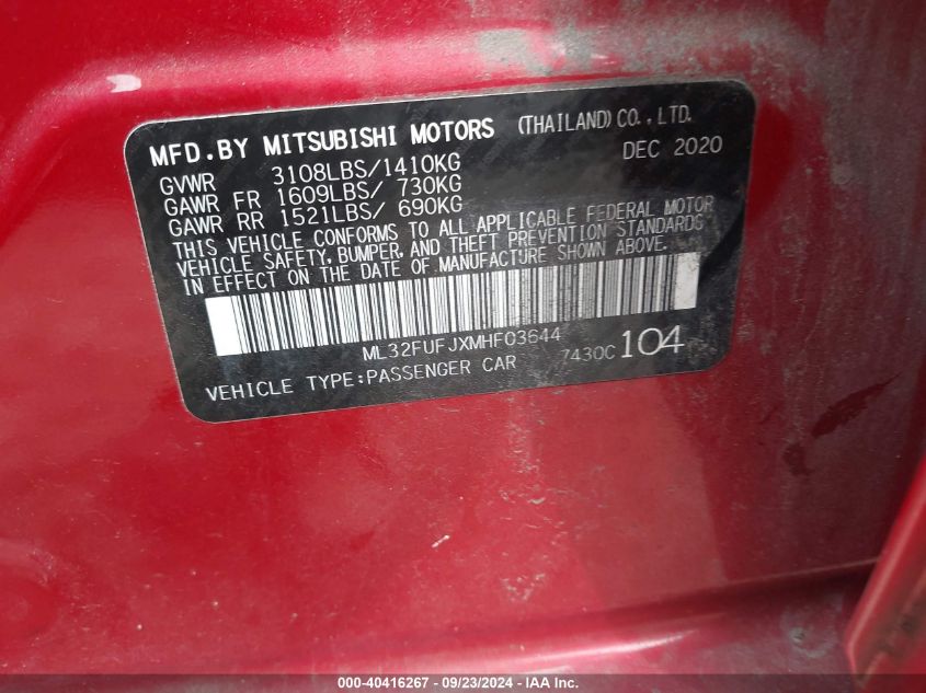 2021 Mitsubishi Mirage G4 Carbonite Edition/Es/Le VIN: ML32FUFJXMHF03644 Lot: 40416267