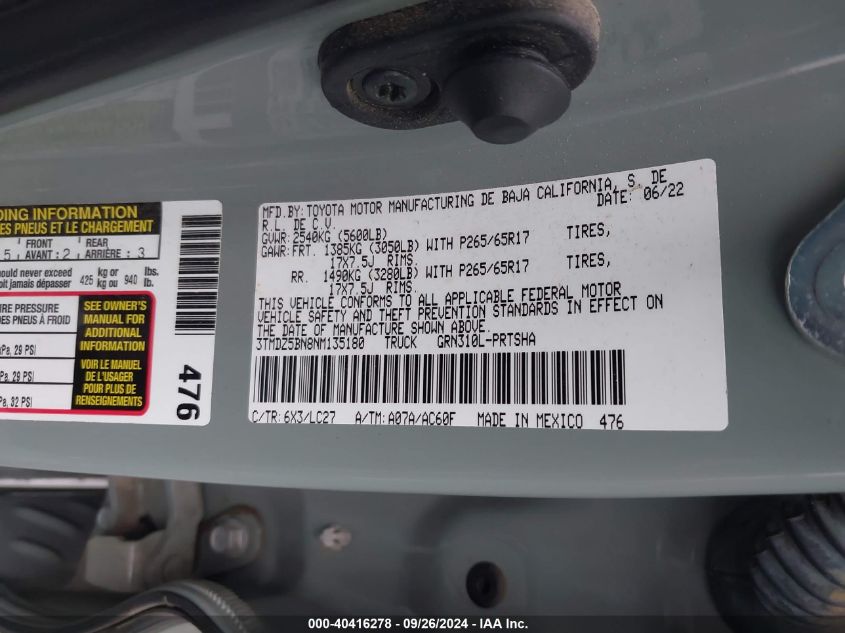 3TMDZ5BN8NM135180 2022 Toyota Tacoma Trd Sport