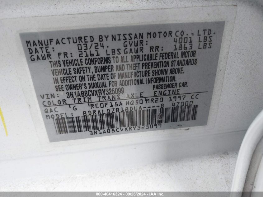 2024 Nissan Sentra Sv Xtronic Cvt VIN: 3N1AB8CVXRY325099 Lot: 40416324