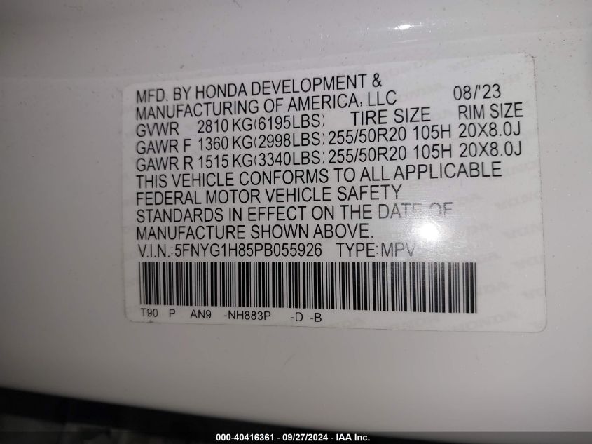 2023 Honda Pilot Awd Elite VIN: 5FNYG1H85PB055926 Lot: 40416361