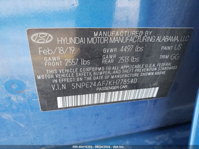 5NPE24AF7KH778540 2019 Hyundai Sonata Se