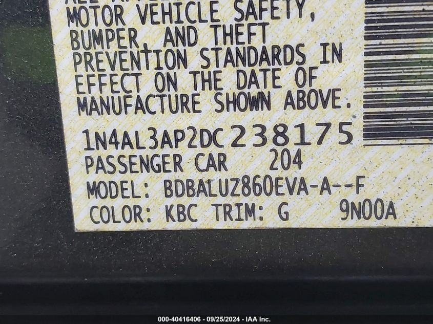 2013 Nissan Altima 2.5 Sv VIN: 1N4AL3AP2DC238175 Lot: 40416406