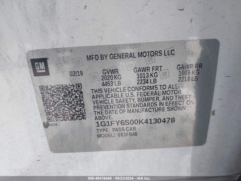 1G1FY6S00K4130478 2019 Chevrolet Bolt Ev Lt