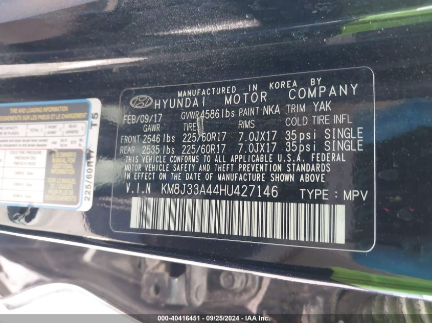 KM8J33A44HU427146 2017 Hyundai Tucson Se Plus