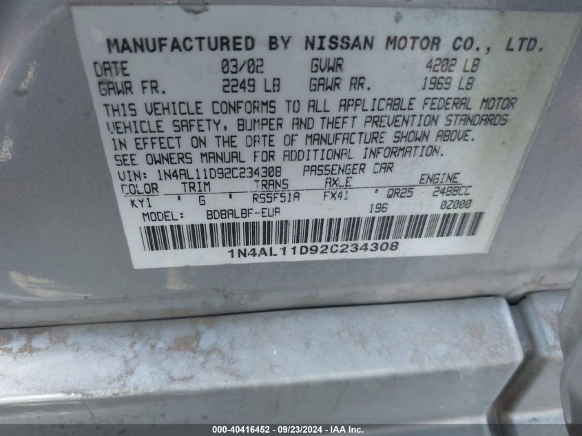 1N4AL11D92C234308 2002 Nissan Altima 2.5 S