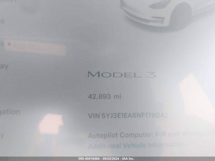 2022 Tesla Model 3 VIN: 5YJ3E1EA6NF178042 Lot: 40416464