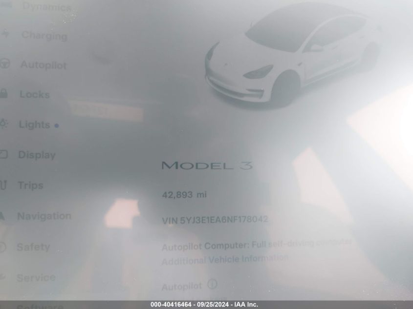 2022 Tesla Model 3 VIN: 5YJ3E1EA6NF178042 Lot: 40416464